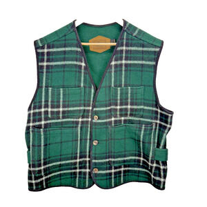 Woolrich Vintage Mens Green Plaid Wool Button Up 4 Pocket Vest Size L Made USA
